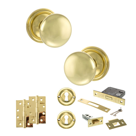 Quality image of Old English Harrogate Door Knob Pack (Lock Set - 3" Latch & Deadlock, 4" Slim Knuckle Hinges x2) - Polished Brass | Sku. adpoe58mmkpb68 | available from Trade Door Handles.
