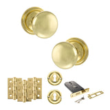 Quality image of Old English Harrogate Door Knob Pack (Lock Set - Horizontal Sashlock, 3" Fire Rated Hinges x3) - Polished Brass | Sku. adpoe58mmkpb69 | available from Trade Door Handles.