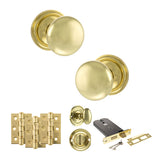 Quality image of Old English Harrogate Door Knob Pack (Lock Set - Horizontal Bathlock, 3" Fire Rated Hinges x3) - Polished Brass | Sku. adpoe58mmkpb70 | available from Trade Door Handles.