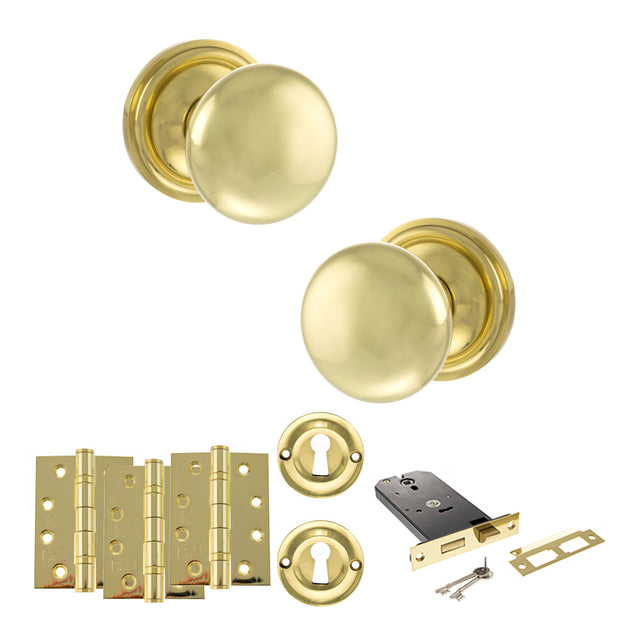 Quality image of Old English Harrogate Door Knob Pack (Lock Set - Horizontal Sashlock, 4" Fire Rated Hinges x3) - Polished Brass | Sku. adpoe58mmkpb71 | available from Trade Door Handles.