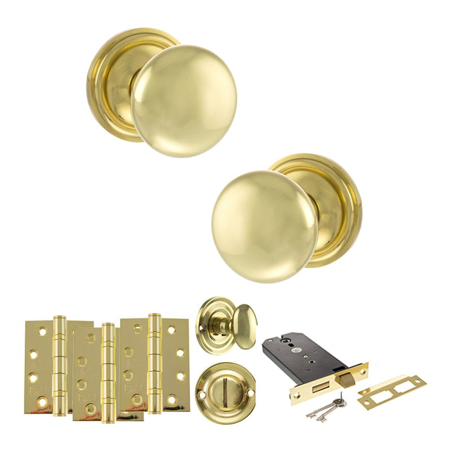 Quality image of Old English Harrogate Door Knob Pack (Lock Set - Horizontal Bathlock, 4" Fire Rated Hinges x3) - Polished Brass | Sku. adpoe58mmkpb72 | available from Trade Door Handles.