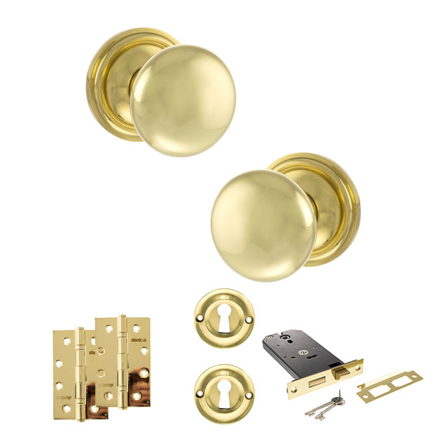 Quality image of Old English Harrogate Door Knob Pack (Lock Set - Horizontal Sashlock, 4" Slim Knuckle Hinges x2) - Polished Brass | Sku. adpoe58mmkpb73 | available from Trade Door Handles.