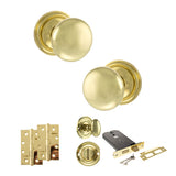 Quality image of Old English Harrogate Door Knob Pack (Lock Set - Horizontal Bathlock, 4" Slim Knuckle Hinges x2) - Polished Brass | Sku. adpoe58mmkpb74 | available from Trade Door Handles.