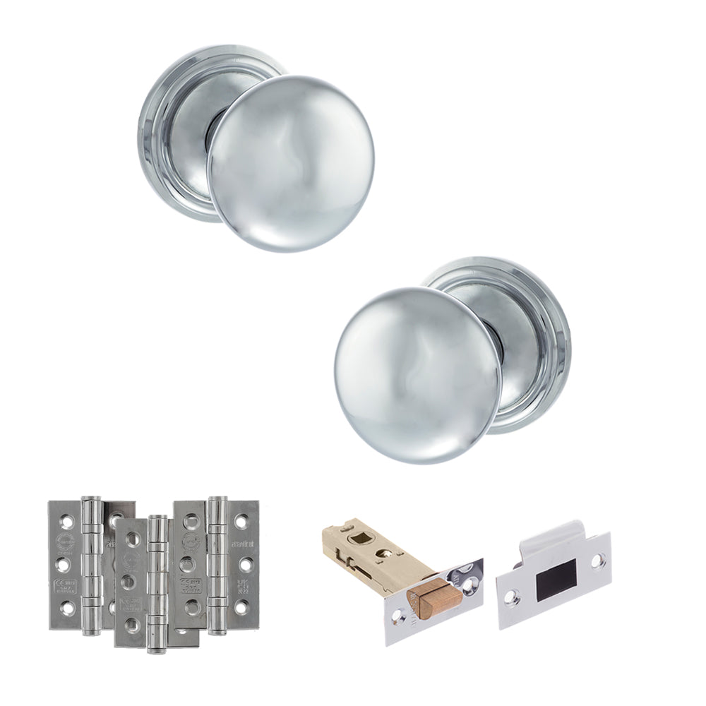 Quality image of Old English Harrogate Door Knob Pack (Latch Set - 3" HD Latch, 3" Fire Rated Hinges x3) - Polished Chrome | Sku. adpoe58mmkpc54 | available from Trade Door Handles.