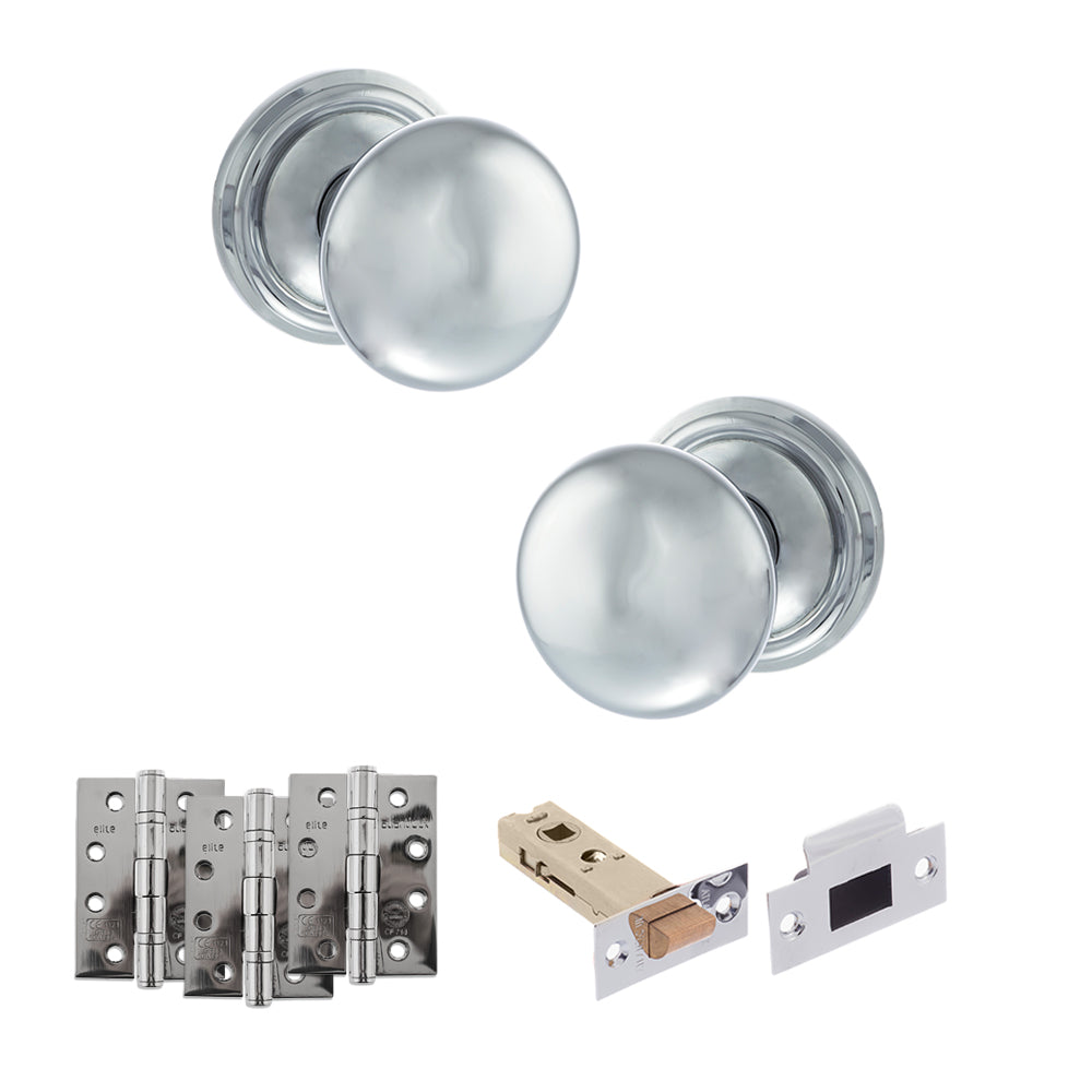 Quality image of Old English Harrogate Door Knob Pack (Latch Set - 4" HD Latch, 4" Fire Rated Hinges x3) - Polished Chrome | Sku. adpoe58mmkpc57 | available from Trade Door Handles.