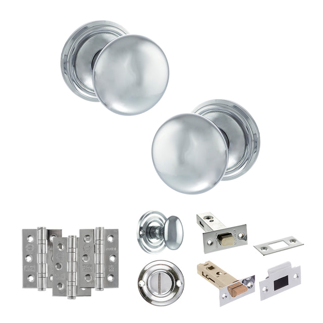 Quality image of Old English Harrogate Door Knob Pack (Bathroom Set - 4" Deadbolt, 3" Fire Rated Hinges x3) - Polished Chrome | Sku. adpoe58mmkpc61 | available from Trade Door Handles.