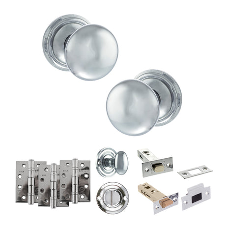 Quality image of Old English Harrogate Door Knob Pack (Bathroom Set - 3" Deadbolt, 4" Fire Rated Hinges x3) - Polished Chrome | Sku. adpoe58mmkpc62 | available from Trade Door Handles.
