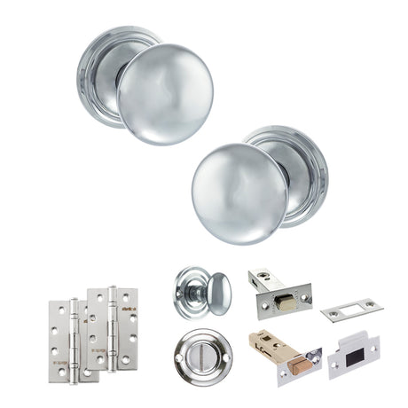 Quality image of Old English Harrogate Door Knob Pack (Bathroom Set - 4" Deadbolt, 4" Slim Knuckle Hinges x2) - Polished Chrome | Sku. adpoe58mmkpc65 | available from Trade Door Handles.