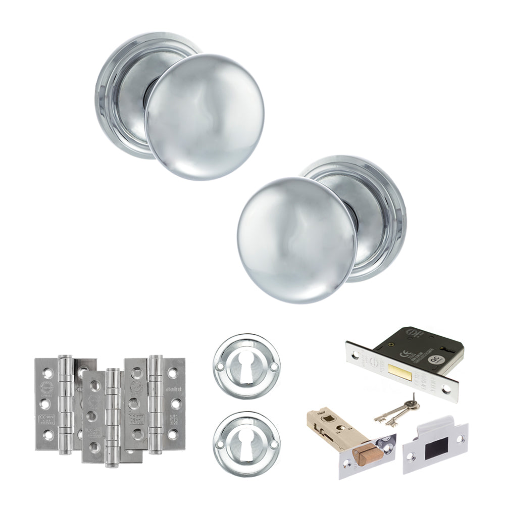 Quality image of Old English Harrogate Door Knob Pack (Lock Set - 3" Latch & Deadlock, 3" Fire Rated Hinges x3) - Polished Chrome | Sku. adpoe58mmkpc66 | available from Trade Door Handles.