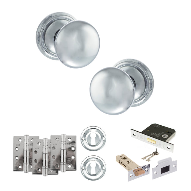 Quality image of Old English Harrogate Door Knob Pack (Lock Set - 3" Latch & Deadlock, 4" Fire Rated Hinges x3) - Polished Chrome | Sku. adpoe58mmkpc67 | available from Trade Door Handles.