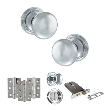 Quality image of Old English Harrogate Door Knob Pack (Lock Set - Horizontal Bathlock, 3" Fire Rated Hinges x3) - Polished Chrome | Sku. adpoe58mmkpc70 | available from Trade Door Handles.