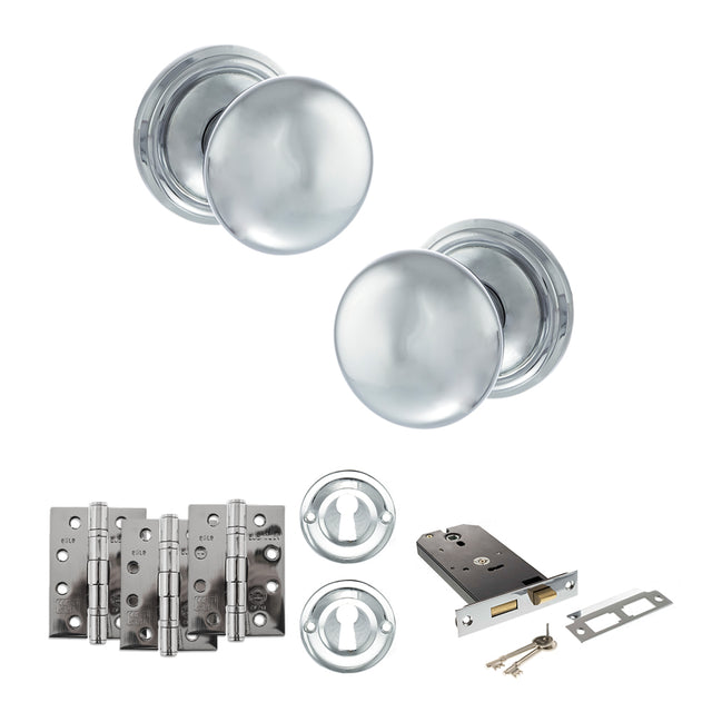 Quality image of Old English Harrogate Door Knob Pack (Lock Set - Horizontal Sashlock, 4" Fire Rated Hinges x3) - Polished Chrome | Sku. adpoe58mmkpc71 | available from Trade Door Handles.