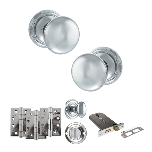Quality image of Old English Harrogate Door Knob Pack (Lock Set - Horizontal Bathlock, 4" Fire Rated Hinges x3) - Polished Chrome | Sku. adpoe58mmkpc72 | available from Trade Door Handles.