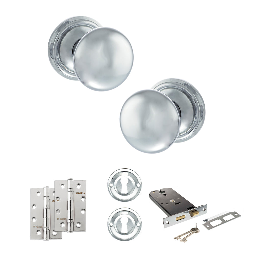 Quality image of Old English Harrogate Door Knob Pack (Lock Set - Horizontal Sashlock, 4" Slim Knuckle Hinges x2) - Polished Chrome | Sku. adpoe58mmkpc73 | available from Trade Door Handles.