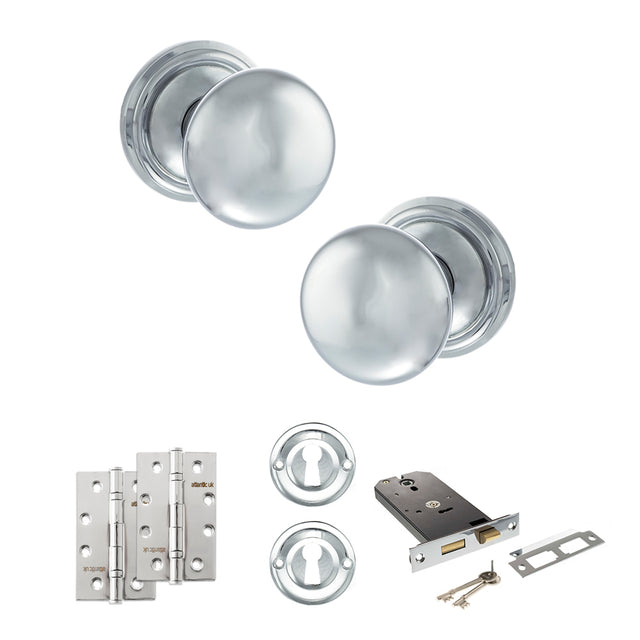 Quality image of Old English Harrogate Door Knob Pack (Lock Set - Horizontal Sashlock, 4" Slim Knuckle Hinges x2) - Polished Chrome | Sku. adpoe58mmkpc73 | available from Trade Door Handles.