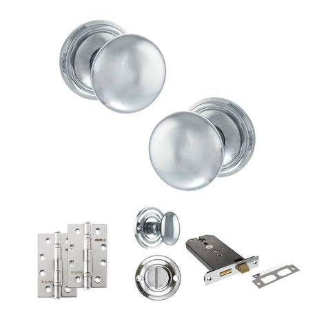 Quality image of Old English Harrogate Door Knob Pack (Lock Set - Horizontal Bathlock, 4" Slim Knuckle Hinges x2) - Polished Chrome | Sku. adpoe58mmkpc74 | available from Trade Door Handles.