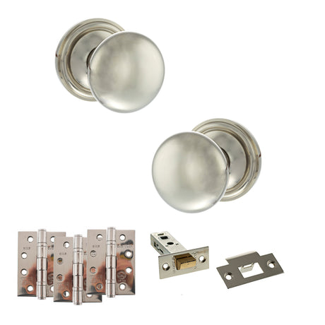 Quality image of Old English Harrogate Door Knob Pack (Latch Set - 4" HD Latch, 4" Fire Rated Hinges x3) - Polished Nickel | Sku. adpoe58mmkpn57 | available from Trade Door Handles.