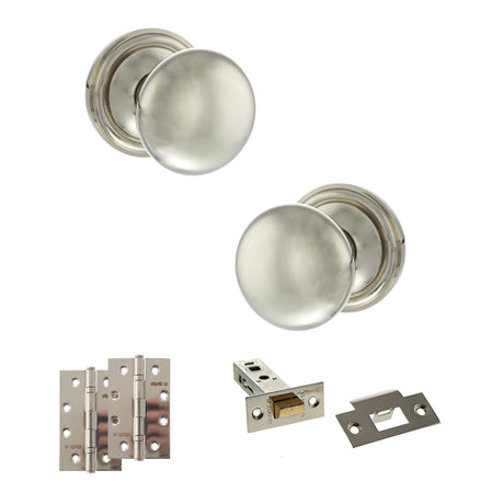 Quality image of Old English Harrogate Door Knob Pack (Latch Set - 3" HD Latch, 4" Slim Knuckle Hinges x2) - Polished Nickel | Sku. adpoe58mmkpn58 | available from Trade Door Handles.