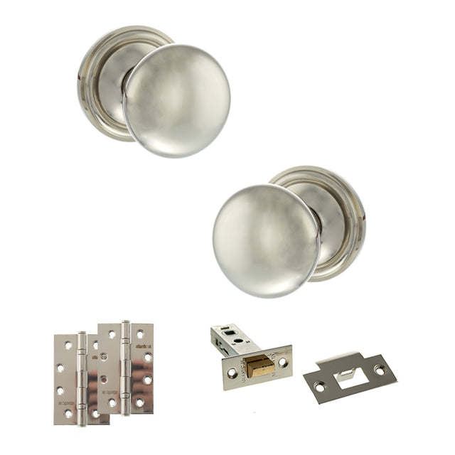 Quality image of Old English Harrogate Door Knob Pack (Latch Set - 3" HD Latch, 4" Slim Knuckle Hinges x2) - Polished Nickel | Sku. adpoe58mmkpn58 | available from Trade Door Handles.