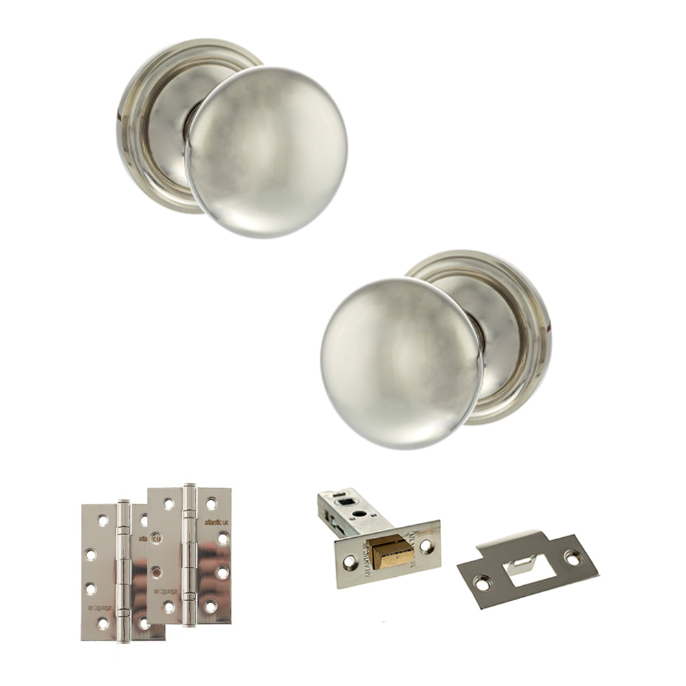 Quality image of Old English Harrogate Door Knob Pack (Latch Set - 4" HD Latch, 4" Slim Knuckle Hinges x2) - Polished Nickel | Sku. adpoe58mmkpn59 | available from Trade Door Handles.