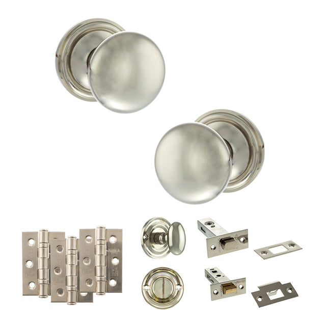Quality image of Old English Harrogate Door Knob Pack (Bathroom Set - 4" Deadbolt, 3" Fire Rated Hinges x3) - Polished Nickel | Sku. adpoe58mmkpn61 | available from Trade Door Handles.