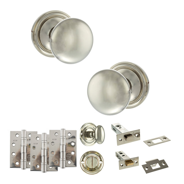 Quality image of Old English Harrogate Door Knob Pack (Bathroom Set - 3" Deadbolt, 4" Fire Rated Hinges x3) - Polished Nickel | Sku. adpoe58mmkpn62 | available from Trade Door Handles.