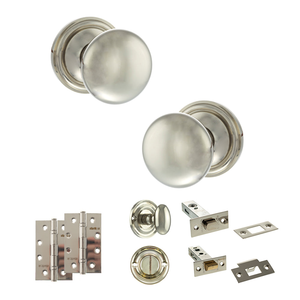 Quality image of Old English Harrogate Door Knob Pack (Bathroom Set - 4" Deadbolt, 4" Slim Knuckle Hinges x2) - Polished Nickel | Sku. adpoe58mmkpn65 | available from Trade Door Handles.