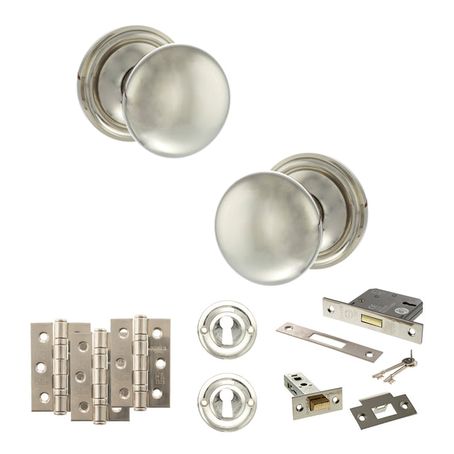 Quality image of Old English Harrogate Door Knob Pack (Lock Set - 3" Latch & Deadlock, 3" Fire Rated Hinges x3) - Polished Nickel | Sku. adpoe58mmkpn66 | available from Trade Door Handles.