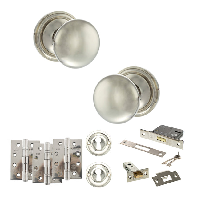 Quality image of Old English Harrogate Door Knob Pack (Lock Set - 3" Latch & Deadlock, 4" Fire Rated Hinges x3) - Polished Nickel | Sku. adpoe58mmkpn67 | available from Trade Door Handles.