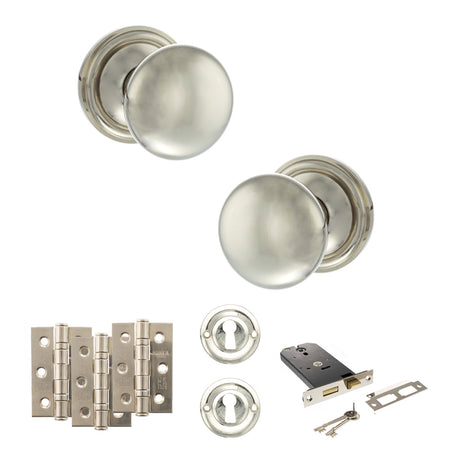 Quality image of Old English Harrogate Door Knob Pack (Lock Set - Horizontal Sashlock, 3" Fire Rated Hinges x3) - Polished Nickel | Sku. adpoe58mmkpn69 | available from Trade Door Handles.
