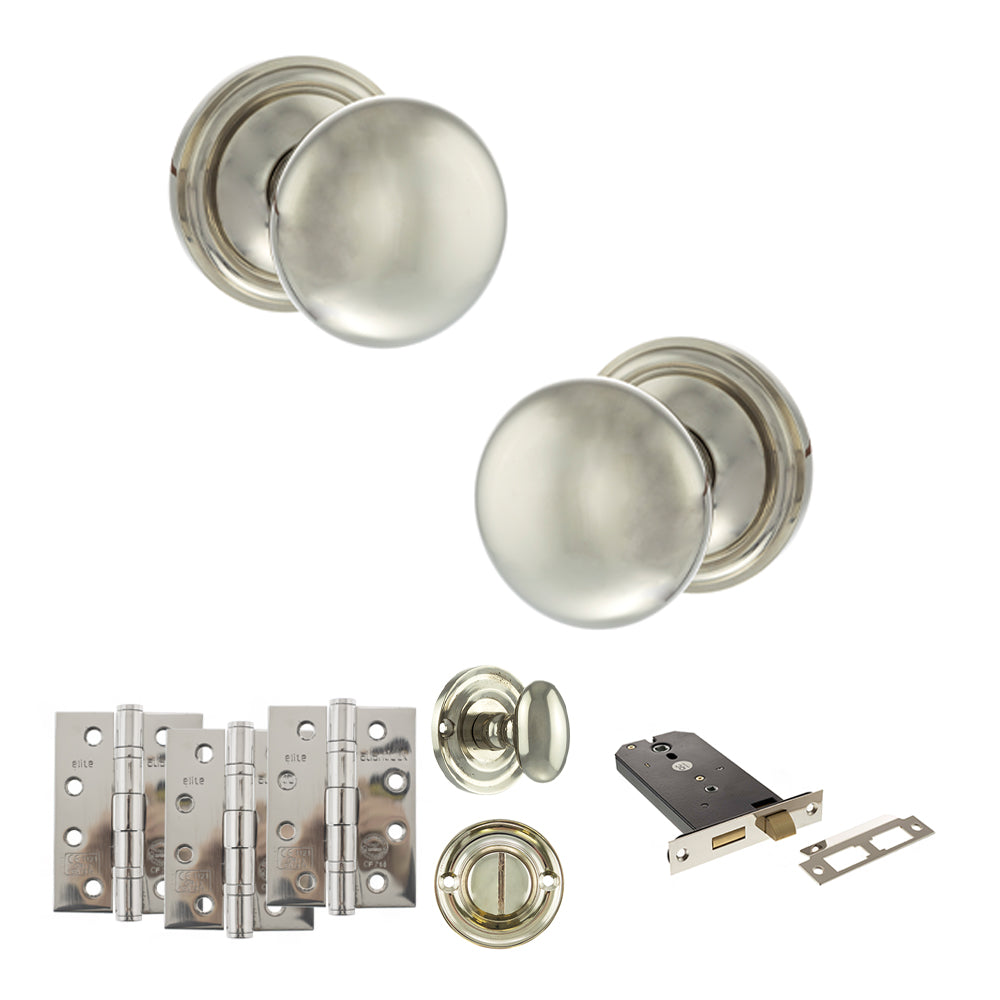 Quality image of Old English Harrogate Door Knob Pack (Lock Set - Horizontal Bathlock, 4" Fire Rated Hinges x3) - Polished Nickel | Sku. adpoe58mmkpn72 | available from Trade Door Handles.