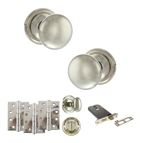 Quality image of Old English Harrogate Door Knob Pack (Lock Set - Horizontal Bathlock, 4" Fire Rated Hinges x3) - Polished Nickel | Sku. adpoe58mmkpn72 | available from Trade Door Handles.