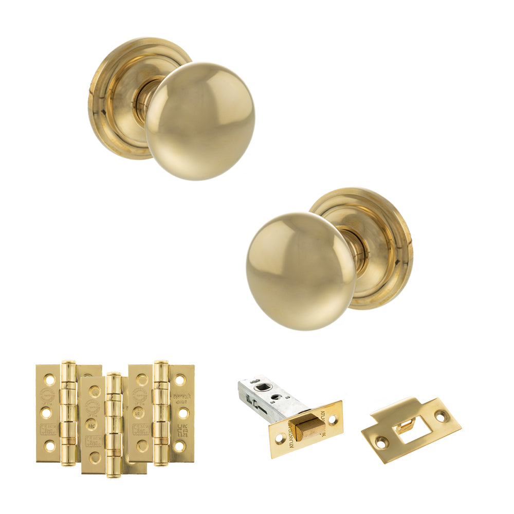 Quality image of Old English Harrogate Door Knob Pack (Latch Set - 4" HD Latch, 3" Fire Rated Hinges x3) - Raw Brass | Sku. adpoe58mmkrb55 | available from Trade Door Handles.