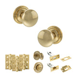 Quality image of Old English Harrogate Door Knob Pack (Bathroom Set - 3" Deadbolt, 3" Fire Rated Hinges x3) - Raw Brass | Sku. adpoe58mmkrb60 | available from Trade Door Handles.