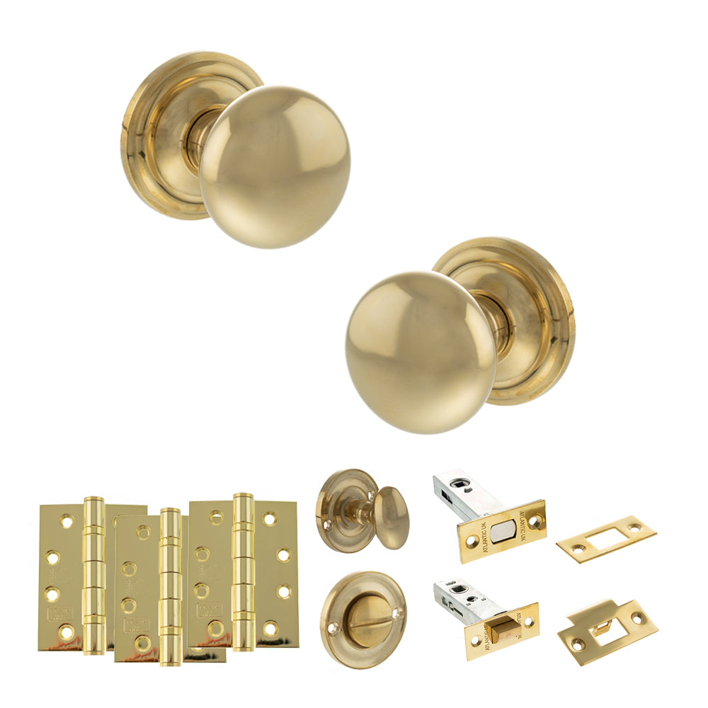 Quality image of Old English Harrogate Door Knob Pack (Bathroom Set - 3" Deadbolt, 4" Fire Rated Hinges x3) - Raw Brass | Sku. adpoe58mmkrb62 | available from Trade Door Handles.