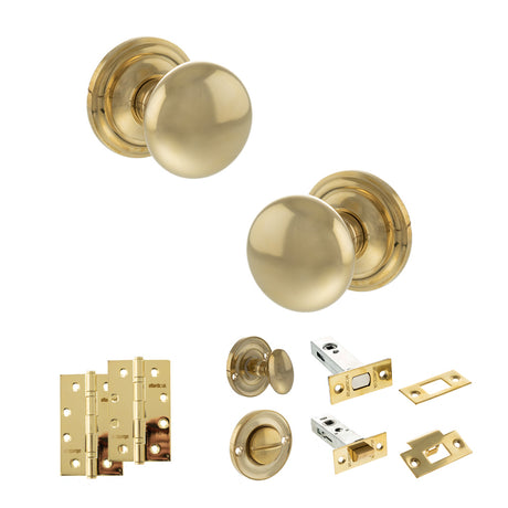 Quality image of Old English Harrogate Door Knob Pack (Bathroom Set - 4" Deadbolt, 4" Slim Knuckle Hinges x2) - Raw Brass | Sku. adpoe58mmkrb65 | available from Trade Door Handles.