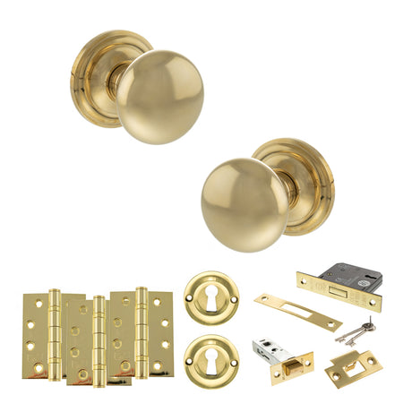 Quality image of Old English Harrogate Door Knob Pack (Lock Set - 3" Latch & Deadlock, 4" Fire Rated Hinges x3) - Raw Brass | Sku. adpoe58mmkrb67 | available from Trade Door Handles.