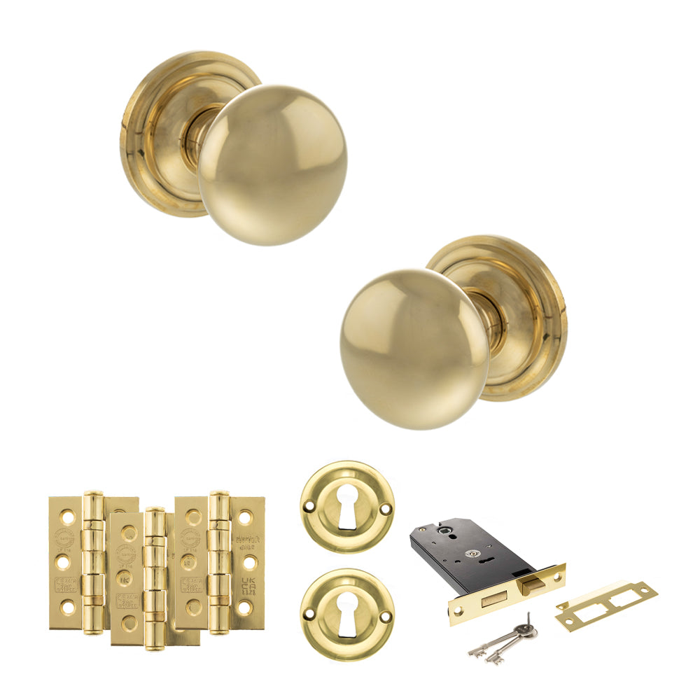 Quality image of Old English Harrogate Door Knob Pack (Lock Set - Horizontal Sashlock, 3" Fire Rated Hinges x3) - Raw Brass | Sku. adpoe58mmkrb69 | available from Trade Door Handles.