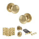 Quality image of Old English Harrogate Door Knob Pack (Lock Set - Horizontal Bathlock, 3" Fire Rated Hinges x3) - Raw Brass | Sku. adpoe58mmkrb70 | available from Trade Door Handles.