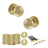 Quality image of Old English Harrogate Door Knob Pack (Lock Set - Horizontal Sashlock, 4" Fire Rated Hinges x3) - Raw Brass | Sku. adpoe58mmkrb71 | available from Trade Door Handles.