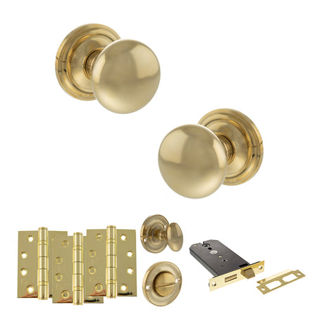 Quality image of Old English Harrogate Door Knob Pack (Lock Set - Horizontal Bathlock, 4" Fire Rated Hinges x3) - Raw Brass | Sku. adpoe58mmkrb72 | available from Trade Door Handles.