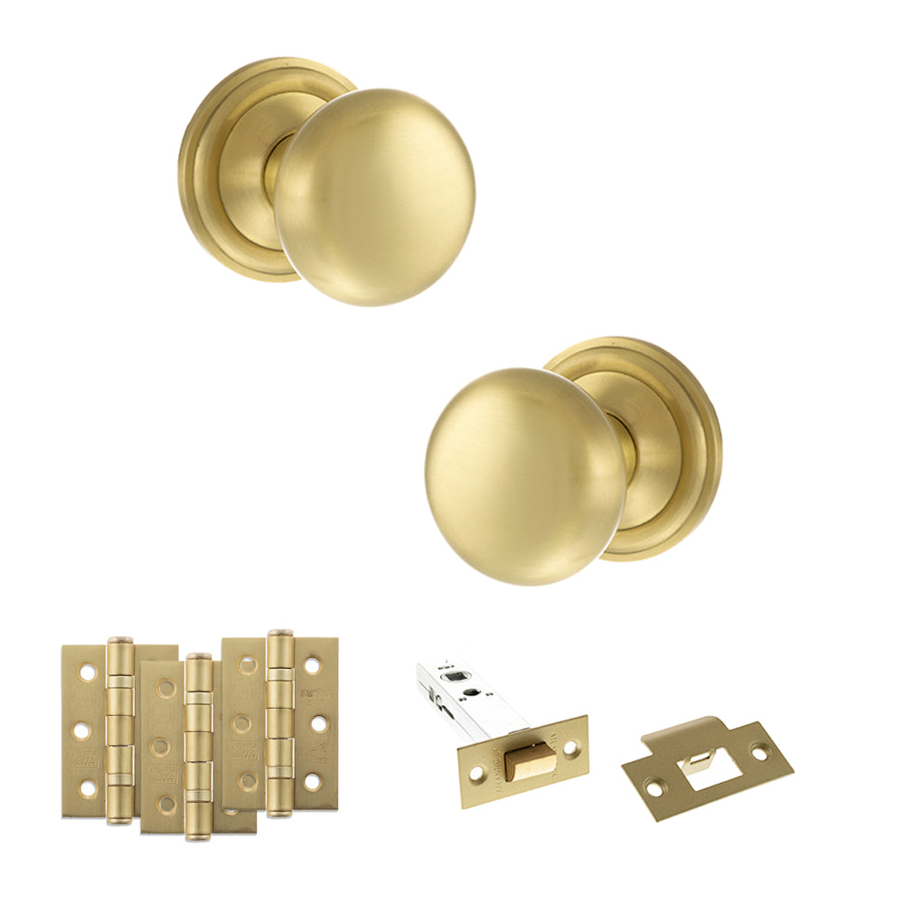Quality image of Old English Harrogate Door Knob Pack (Latch Set - 3" HD Latch, 3" Fire Rated Hinges x3) - Satin Brass | Sku. adpoe58mmksb54 | available from Trade Door Handles.
