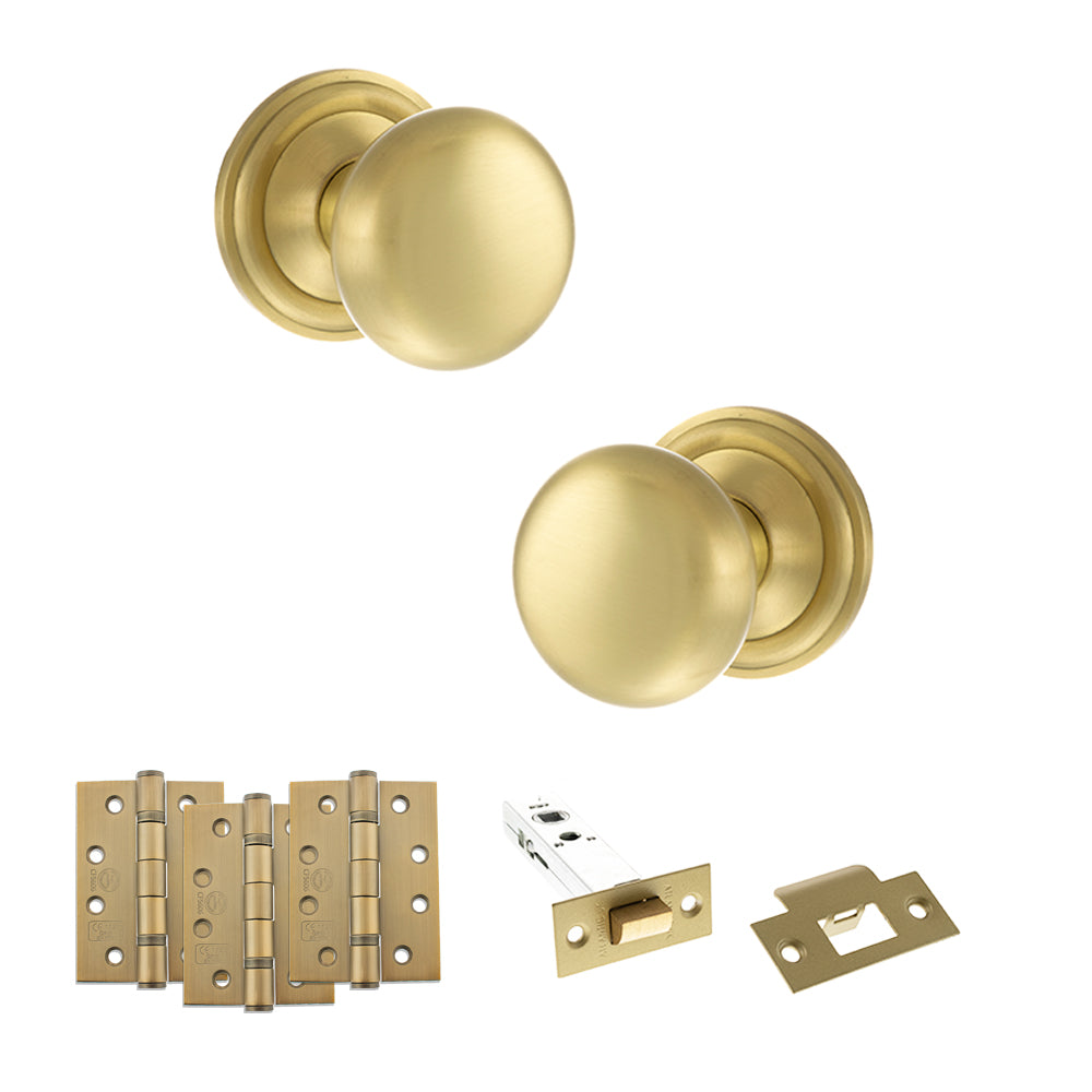 Quality image of Old English Harrogate Door Knob Pack (Latch Set - 3" HD Latch, 4" Fire Rated Hinges x3) - Satin Brass | Sku. adpoe58mmksb56 | available from Trade Door Handles.
