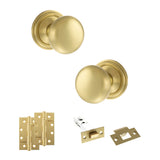 Quality image of Old English Harrogate Door Knob Pack (Latch Set - 4" HD Latch, 4" Slim Knuckle Hinges x2) - Satin Brass | Sku. adpoe58mmksb59 | available from Trade Door Handles.
