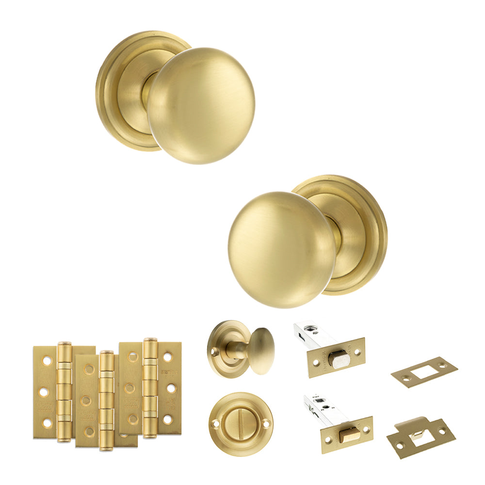 Quality image of Old English Harrogate Door Knob Pack (Bathroom Set - 3" Deadbolt, 3" Fire Rated Hinges x3) - Satin Brass | Sku. adpoe58mmksb60 | available from Trade Door Handles.