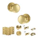 Quality image of Old English Harrogate Door Knob Pack (Bathroom Set - 4" Deadbolt, 3" Fire Rated Hinges x3) - Satin Brass | Sku. adpoe58mmksb61 | available from Trade Door Handles.