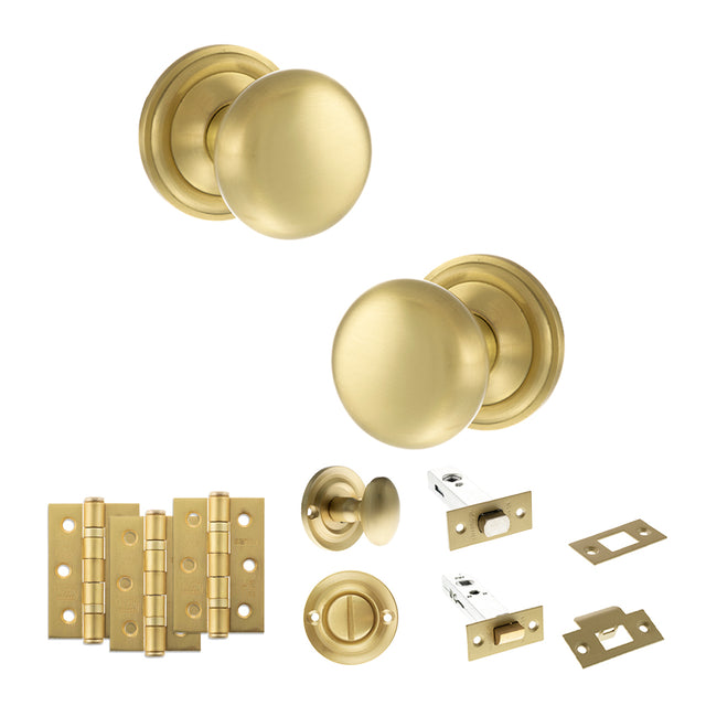 Quality image of Old English Harrogate Door Knob Pack (Bathroom Set - 4" Deadbolt, 3" Fire Rated Hinges x3) - Satin Brass | Sku. adpoe58mmksb61 | available from Trade Door Handles.