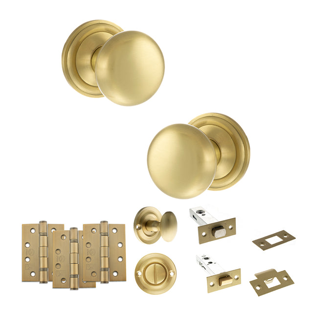 Quality image of Old English Harrogate Door Knob Pack (Bathroom Set - 3" Deadbolt, 4" Fire Rated Hinges x3) - Satin Brass | Sku. adpoe58mmksb62 | available from Trade Door Handles.