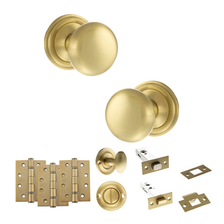 Quality image of Old English Harrogate Door Knob Pack (Bathroom Set - 4" Deadbolt, 4" Fire Rated Hinges x3) - Satin Brass | Sku. adpoe58mmksb63 | available from Trade Door Handles.