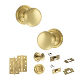Quality image of Old English Harrogate Door Knob Pack (Bathroom Set - 4" Deadbolt, 4" Slim Knuckle Hinges x2) - Satin Brass | Sku. adpoe58mmksb65 | available from Trade Door Handles.